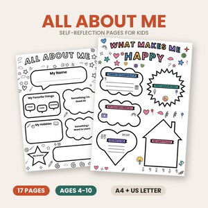 Könnte beinhalten: Zwei druckbare Aktivitätsblätter für Kinder mit den Titeln All About Me und What Makes Me Happy. Die Seiten enthalten schwarz-weiße Umrisse, Textaufforderungen und bunte Symbole wie Herzen, Sterne und Wolken. Die Blätter sind für A4 und US Letter Papier formatiert.
