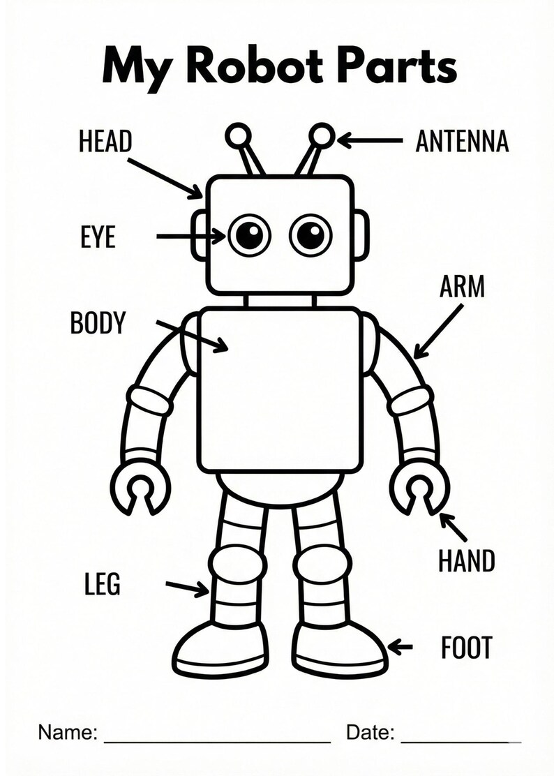 May include: Black and white diagram of a robot with labeled parts: head, antenna, eye, arm, body, leg, hand, and foot. The text "My Robot Parts" is at the top, with spaces for a name and date at the bottom.