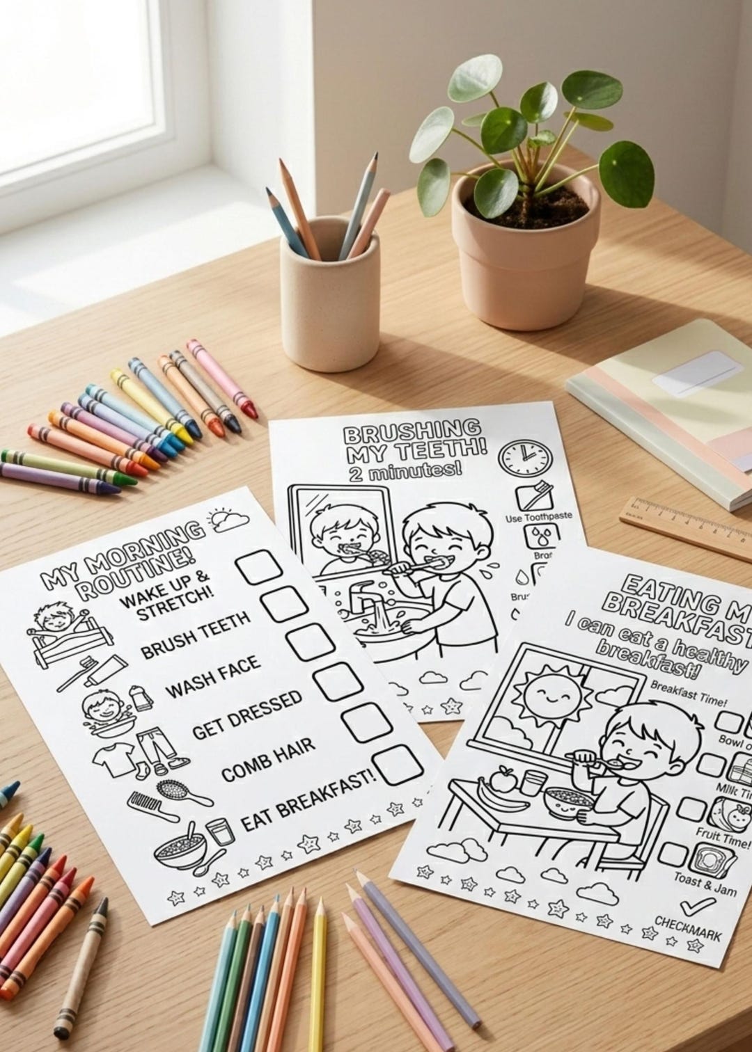 Kids Morning Routine Coloring Pages | Preschool Daily Habits Checklist ...