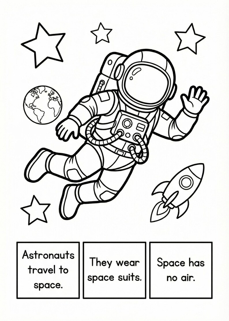 May include: Black and white illustration of an astronaut floating in space, surrounded by stars, a planet, and a rocket. Text boxes below read: "Astronauts travel to space," "They wear space suits," and "Space has no air."