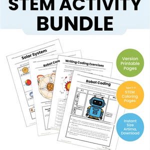 May include: A collection of STEM activity worksheets titled "SPACE & CODING STEM ACTIVITY BUNDLE". The worksheets include topics on the solar system and robot coding, with coloring pages and instant download options.