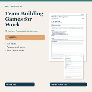 Puede incluir: Una descarga digital de juegos de trabajo en equipo para el trabajo, con un fondo beige y texto azul oscuro. El documento incluye 12 juegos, un plan de reunión e instrucciones para 4-20 adultos. Dos páginas blancas muestran reglas y puntuaciones.