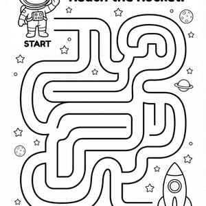 May include: Black and white maze puzzle with an astronaut and rocket theme. The maze features a path from "START" to "FINISH", with stars, planets, and a crescent moon. The text "Help the Astronaut Reach the Rocket!" is at the top.
