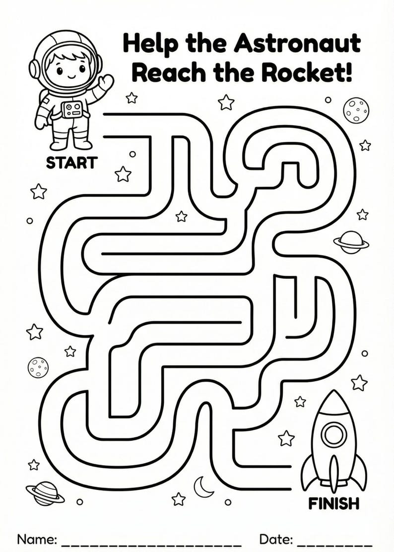 May include: Black and white maze puzzle with an astronaut and rocket theme. The maze features a path from "START" to "FINISH", with stars, planets, and a crescent moon. The text "Help the Astronaut Reach the Rocket!" is at the top.