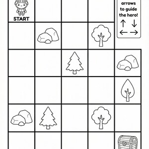 May include: Black and white maze game titled "Help the Hero Find the Treasure!" featuring a knight, rocks, trees, and a treasure chest. Includes a section to draw arrows and spaces for a name and date.