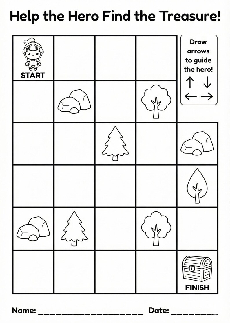 May include: Black and white maze game titled "Help the Hero Find the Treasure!" featuring a knight, rocks, trees, and a treasure chest. Includes a section to draw arrows and spaces for a name and date.