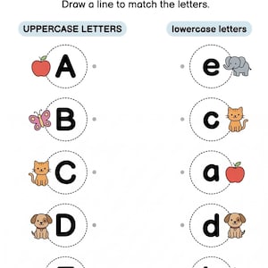 Puede incluir: Hoja de trabajo educativa titulada "Combina las letras". La hoja de trabajo presenta letras mayúsculas y minúsculas con ilustraciones correspondientes de una manzana, mariposa, gato, perro y elefante. La tarea es unir las letras.