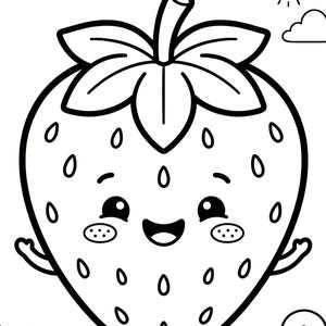 Può includere: Illustrazione a cartoni animati in bianco e nero di una fragola sorridente con semi, braccia e gambe. La fragola è circondata da nuvole, un sole sorridente e fiori, ideale per libri da colorare.