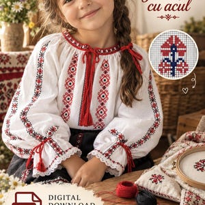 May include: A white long-sleeved blouse with red and black geometric embroidery, featuring a round neckline with red tassels, ruffled cuffs, and a digital download PDF pattern titled Povești cu acul with cross-stitch charts and supplies.