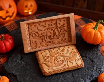 Christmas Carriage Cookie Mold, Wooden Biscuit Baking Press