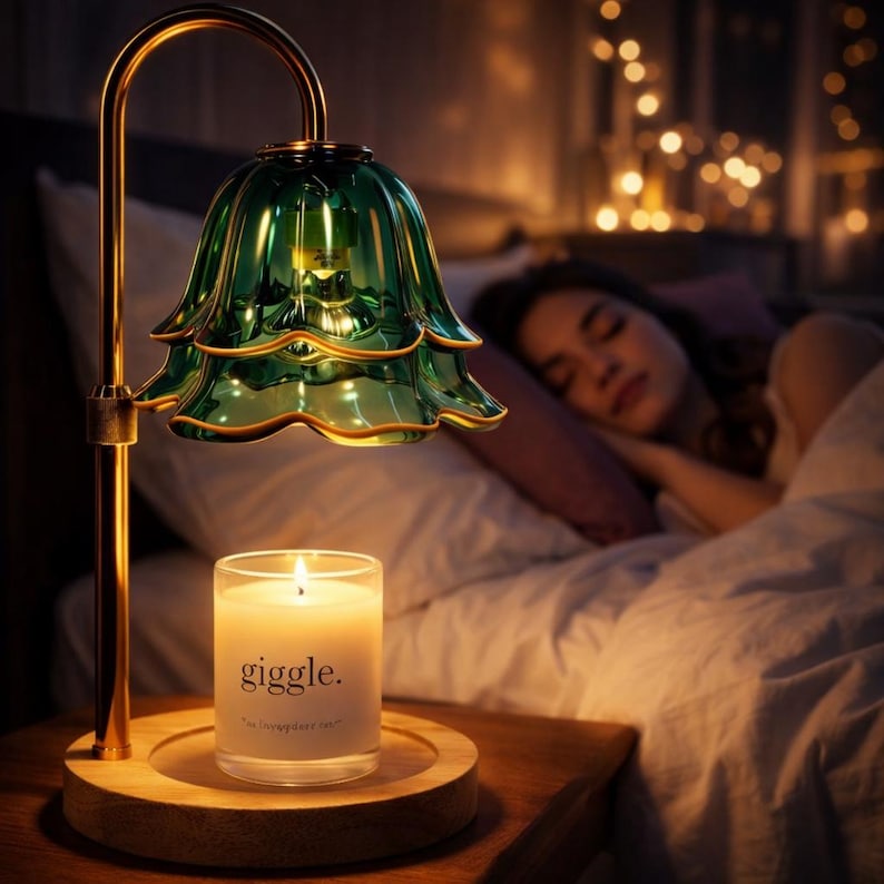 May include: A green glass candle warmer with a floral design, set on a wooden base, and a lit candle. The candle has the word "giggle." printed on it. The warmer is supported by a gold-colored metal stand. The background shows a person sleeping in bed.