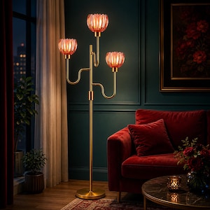 May include: A floor lamp with a gold-toned metal stand and three vertical arms of varying heights. Each arm holds a translucent, ribbed, red glass shade shaped like a flower bud. The lamp features a circular base and emits a warm, glowing light.