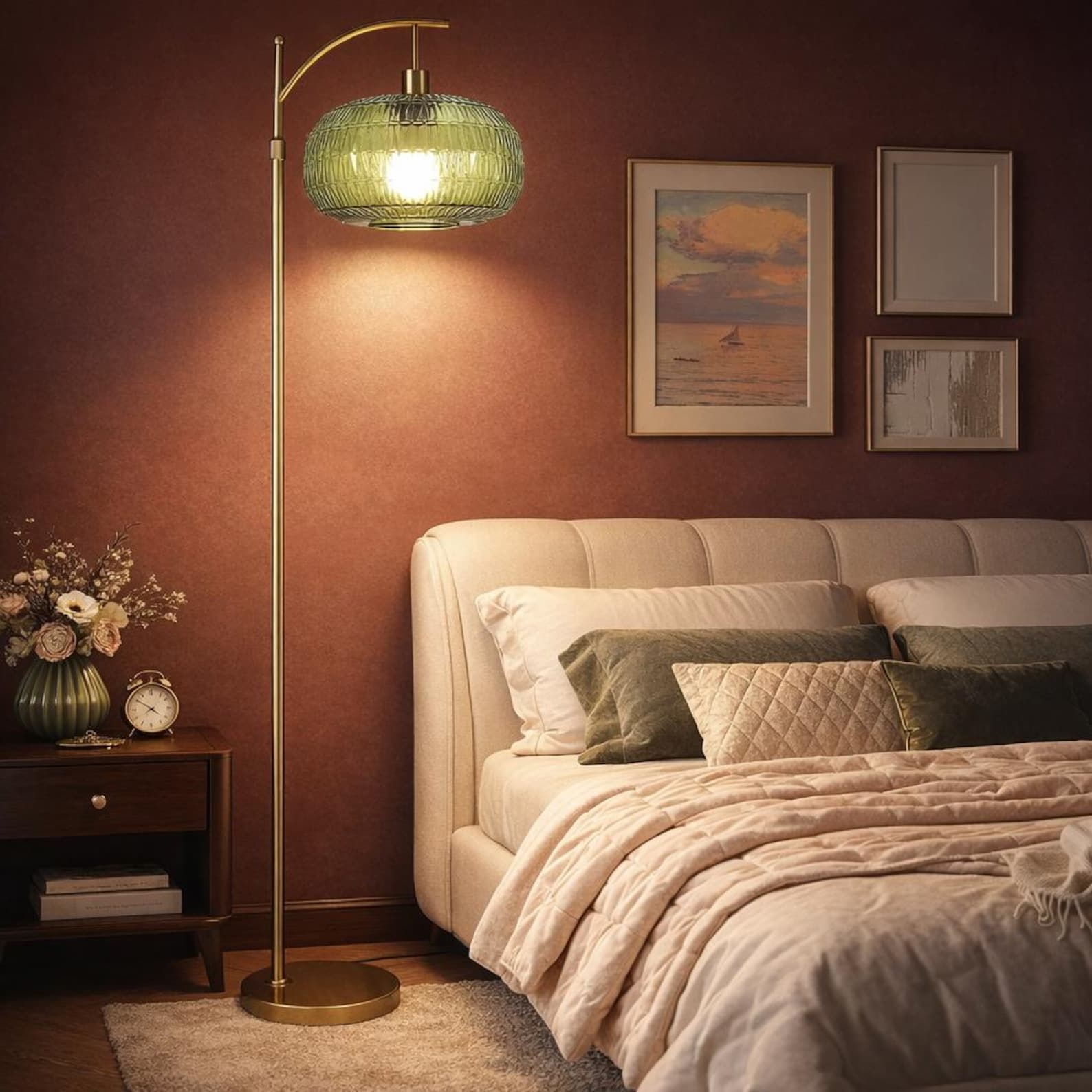 Emerald Green Glass Floor Lamp – Dimmable Gold Mid-Century Modern Standing Lamp for Living Room & Bedroom, customizable home lighting