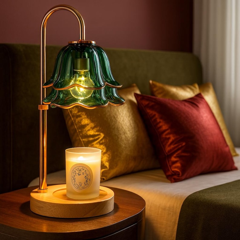May include: A decorative table lamp with a green glass flower-shaped shade and a warm, glowing bulb. The lamp has a gold-colored metal frame and sits on a wooden base. A lit candle in a glass jar is on the base. The lamp is on a wooden nightstand.