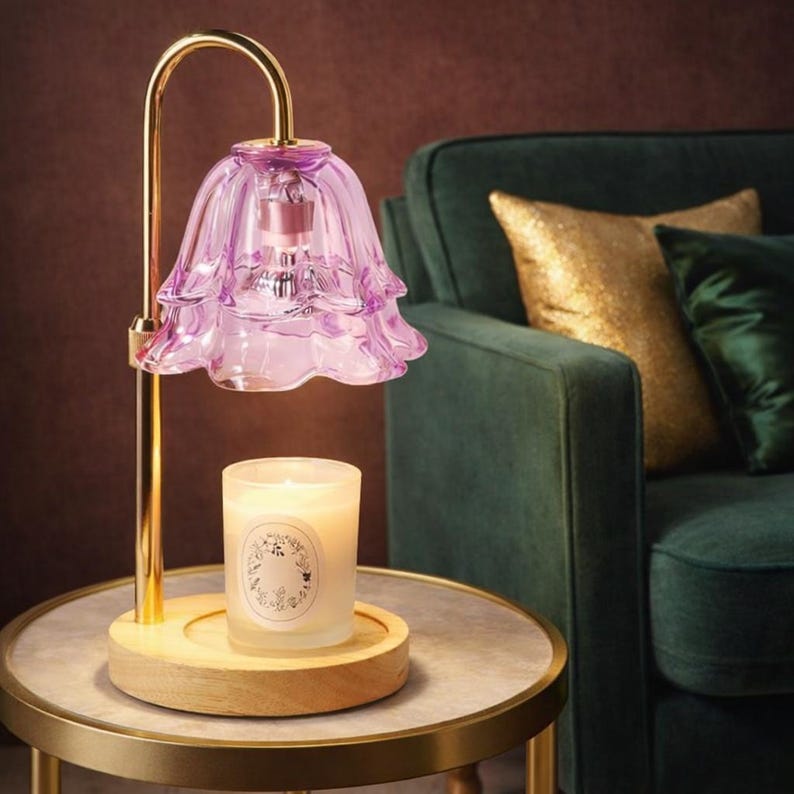 Green Candle Warmer Lamp with Timer & Dimmer, Flower Glass Wax Melt Warmer, Adjustable Height Candle Warming Light, Customizable lighting Purple