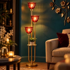 May include: A floor lamp with a gold-toned metal frame featuring three tiered, scalloped red glass shades that emit a warm glow. A small white pot containing a green plant sits on a circular shelf integrated into the lamp's central structure.