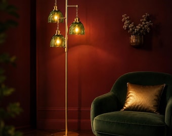 Gold Floor Lamp, Dimmable Tree Floor Lamp with Green Glass Shades, Mid Century Modern 3 Light Standing Lamp for Living Room Bedroom