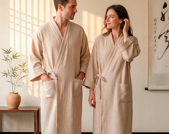 Bata kimono de algodón puro / Ropa de casa a juego para hombre y mujer / Bata japonesa de muselina beige / Regalo de aniversario para parejas