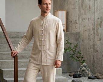 Mens Tang Suit 2pc: Mandarin Collar Jacket & Loose Pants, Traditional Chinese Costume Beige Boho