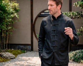 Mens Tang Jacket: Mandarin Collar & Frog Button, Traditional Chinese Costume, Tai Chi Linen Top