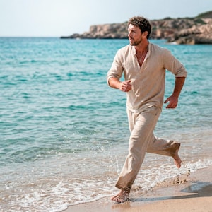 夏物メンズ服 2ピース シャツ＆パンツ、ビーチカジュアルリゾートウェア、ベージュ ボヘミアンスーツ コットン