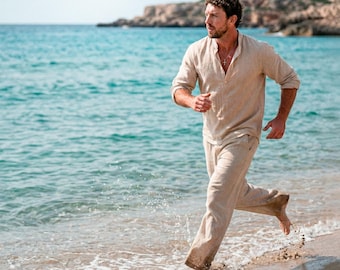 Vêtements d'été pour hommes, chemise et pantalon 2 pièces, tenues de villégiature décontractées pour la plage, costume bohème beige en coton
