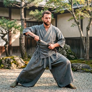 Puede incluir: Una persona con un atuendo tradicional japonés gris, sosteniendo una espada katana en una postura defensiva. La persona está en un jardín con árboles y un edificio tradicional al fondo. El atuendo incluye una parte superior envolvente y pantalones anchos.
