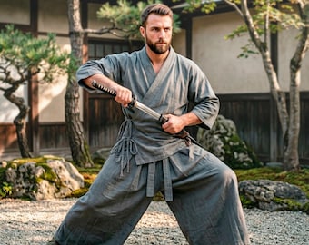 Japans herenkostuum: kimono-yukata-jas en Hakama-broek, traditionele Aziatische samoerai-outfit grote maat