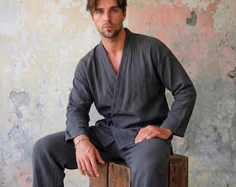 Mens Japanese Pajama Set, Kimono Haori Robe & Pants, Yukata Lounge Wear, Cotton Homewear, Gift for Husband or Boyfriend