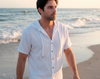 Camicia estiva bianca con cappuccio da uomo, abbigliamento da spiaggia resort, felpa con cappuccio casual in lino boho, cappuccio da spiaggia