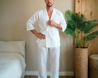 Mens Lounge Wear Cotton 100%: Kimono Haori Jacket & Pants, Resort Homewear,  Japanese Pajama Set