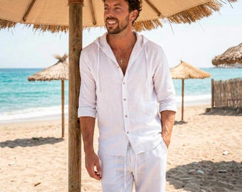 Beach Wedding 2 piece Groom Suit: Hooded Shirt Tunic & Pants, Summer  Groomsman Clothes Set, Mens Casual Resort Wear