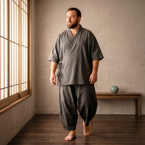 Zestaw kimono męski w dużym rozmiarze: bawełniana kurtka haori i luźne spodnie, odzież domowa na wakacje, japońska piżama