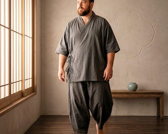 Plus Size Mens Kimono Set: Cotton Haori Jacket & Loose Pants, Resort Homewear,  Japanese Pajama