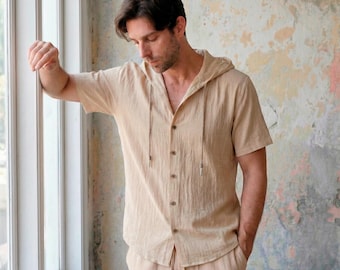 Mens Hooded Shirt, Summer Resort Beach Wear, Casual Boho Hoodie Linen Cotton