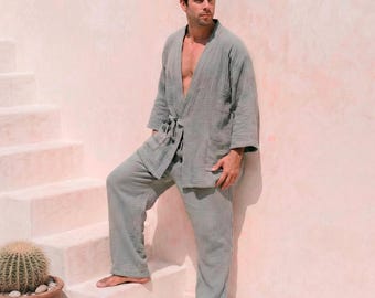 Mens Kimono Haori Jacket & Pants, Loungewear Set Japanese Style, Homewear Muslin Cotton, Resort Wear