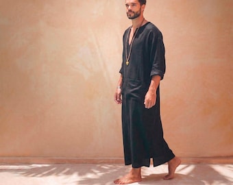 Caftán de verano para hombre, ropa beduina para resort, caftán informal, túnica árabe de manga larga.
