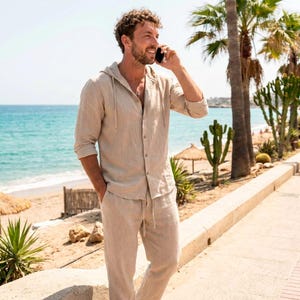 Letni męski zestaw ubrań: koszula z kapturem, tunika i spodnie z lnu i bawełny, swobodny strój plażowy