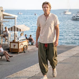 Camicia e pantaloni harem da uomo in lino e cotone per l'estate, abbigliamento da resort, completo casual boho a due pezzi
