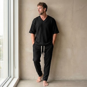 メンズニットトラックスーツ2ピースセット、カジュアルトラベルストリートウェア、リラックスリゾートラウンジウェア