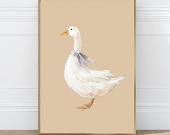 Vintage Goose Nursery Print, Sand Background Farm Animal Wall Art for Baby Room Decor
