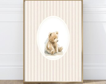 Classic Striped Teddy Bear Nursery Print – Vintage Nursery Boy Wall Art, Watercolor Illustration