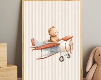 ビッグベアの飛行機柄保育園用ウォールアート：水彩画風の男の子部屋用ウォールデコ ヴィンテージ飛行機プリント