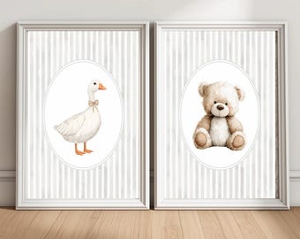 Neutral Nursery Wall Art Set, Teddy Bear & Goose Prints, Vintage Animal Nursery Decor