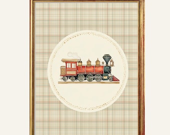 Vintage Train Nursery Wall Art, Red Locomotive Print Boys Room Decor, Classic Train Illustration
