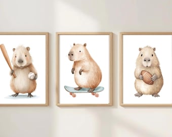 Capybara Sports Wall Art SET  - 3 Nursery Animal Prints Boy Room Print Digital Download