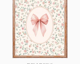 Pink Bow Wall Art Printable, Vintage Bow Nursery Print, Floral Cottagecore Baby Gift