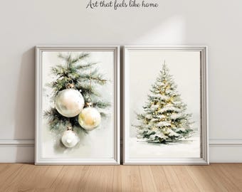 Christmas Wall Art Set of 2 - Watercolor Tree & Ornaments Printable Decor - Green Winter Print
