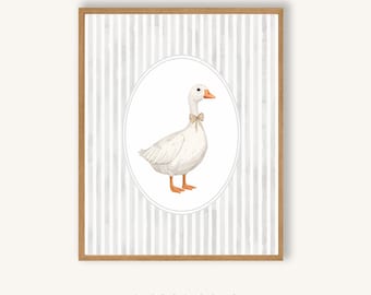 Vintage Goose Print Neutral Nursery Wall Art Baby Room Farmhouse Decor Goose Striped Illustration