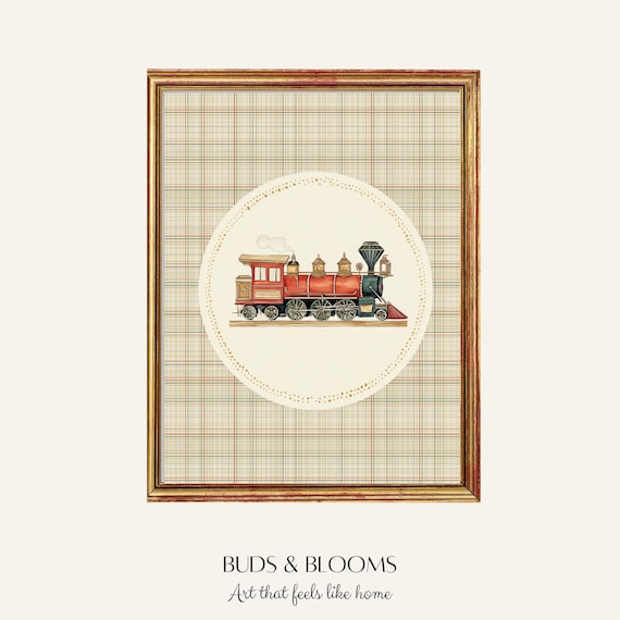 Vintage Train Nursery Wall Art, Red Locomotive Print Boys Room Decor, Classic Train Illustration